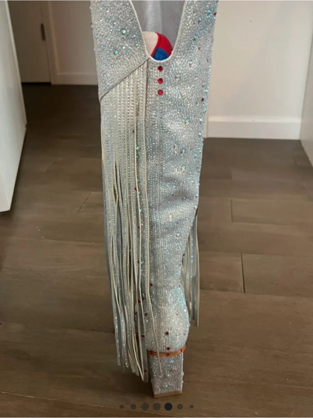 Silver Crystal Over-the-Knee Block Heel Boots with Fringe